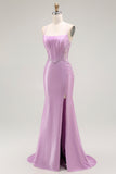 Purple Mermaid Spaghetti Straps Corset Long Prom Dress with Slit