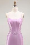 Purple Mermaid Spaghetti Straps Corset Long Prom Dress with Slit