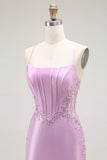 Purple Mermaid Spaghetti Straps Corset Long Prom Dress with Slit