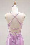Purple Mermaid Spaghetti Straps Corset Long Prom Dress with Slit