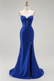 Royal Blue Mermaid Strapless Beaded Corset Long Prom Dress with Slit