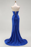 Royal Blue Mermaid Strapless Beaded Corset Long Prom Dress with Slit