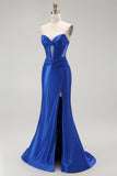 Royal Blue Mermaid Strapless Beaded Corset Long Prom Dress with Slit