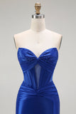 Royal Blue Mermaid Strapless Beaded Corset Long Prom Dress with Slit