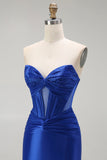 Royal Blue Mermaid Strapless Beaded Corset Long Prom Dress with Slit