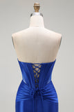 Royal Blue Mermaid Strapless Beaded Corset Long Prom Dress with Slit
