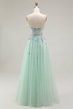 Green A-Line Strapless Tulle Sheer Corset Long Prom Dress with Appliques