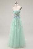 Green A-Line Strapless Tulle Sheer Corset Long Prom Dress with Appliques