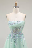 Green A-Line Strapless Tulle Sheer Corset Long Prom Dress with Appliques
