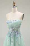 Green A-Line Strapless Tulle Sheer Corset Long Prom Dress with Appliques
