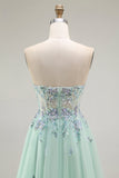 Green A-Line Strapless Tulle Sheer Corset Long Prom Dress with Appliques