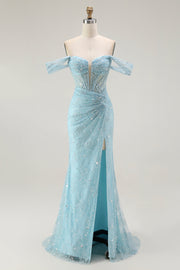 Blue Mermaid Off The Shoulder Beaded Long Prom Dress with Slit