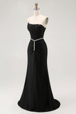 Black Mermaid Strapless Corset Long Prom Dress with Beading
