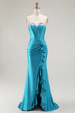 Mermaid Strapless Corset Beaded Blue Prom Dress with Ruffle Slit