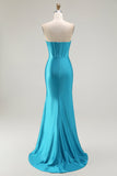 Mermaid Strapless Corset Beaded Blue Prom Dress with Ruffle Slit