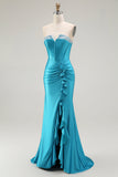 Mermaid Strapless Corset Beaded Blue Prom Dress with Ruffle Slit
