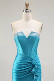 Mermaid Strapless Corset Beaded Blue Prom Dress with Ruffle Slit