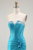Mermaid Strapless Corset Beaded Blue Prom Dress with Ruffle Slit