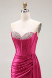 Sparkly Fuchsia Mermaid Sweetheart Beaded Pleated Long Prom Dress with Slit