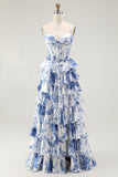 White Blue Floral Corset A Line Tiered Long Prom Dress