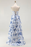 White Blue Floral Corset A Line Tiered Long Prom Dress