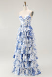 White Blue Floral Corset A Line Tiered Prom Dress