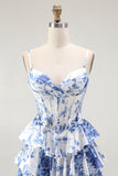 White Blue Floral Corset A Line Tiered Long Prom Dress