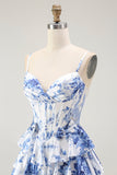 White Blue Floral Corset A Line Tiered Long Prom Dress