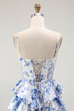 White Blue Floral Corset A Line Tiered Long Prom Dress