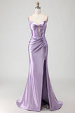 Purple Mermaid Corset Spaghetti Straps Beaded Long Prom Dress with Slit