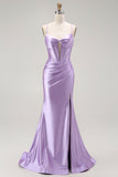 Purple Mermaid Spaghetti Straps Corset Beaded Long Prom Dress with Slit