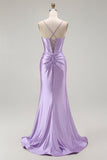 Purple Mermaid Spaghetti Straps Corset Beaded Long Prom Dress with Slit