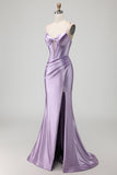 Purple Mermaid Corset Spaghetti Straps Beaded Long Prom Dress with Slit