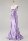 Purple Mermaid Spaghetti Straps Corset Beaded Long Prom Dress with Slit