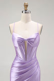 Purple Mermaid Spaghetti Straps Corset Beaded Long Prom Dress with Slit