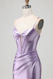 Purple Mermaid Corset Spaghetti Straps Beaded Long Prom Dress with Slit