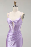 Purple Mermaid Spaghetti Straps Corset Beaded Long Prom Dress with Slit