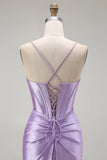 Purple Mermaid Spaghetti Straps Corset Beaded Long Prom Dress with Slit