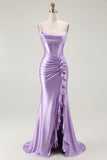 Purple Mermaid Ruched Corset Long Prom Dress with Ruffled Slit