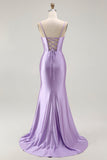 Purple Mermaid Ruched Corset Long Prom Dress with Ruffled Slit