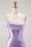 Purple Mermaid Ruched Corset Long Prom Dress with Ruffled Slit