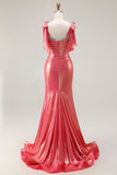 Metallic Coral Beaded Mermaid Ruched Long Prom Dress with Slit