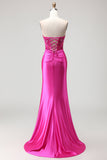 Fuchsia Mermaid Sweetheart Pleated Corset Sequin Long Prom Dress with Lace Up Back