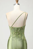 Green Mermaid One Shoulder Beaded Appliqued Corset Ruched Long Prom Dress with Slit