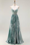 Metallic Grey Green A Line Pleated Beaded Long Prom Dress with Slit