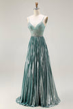 Metallic Grey Green A Line Pleated Beaded Long Prom Dress with Slit