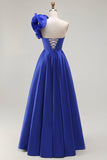Royal Blue One Shoulder Corset A Line Satin Long Prom Dress with Slit