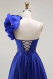 Royal Blue One Shoulder Corset A Line Satin Long Prom Dress with Slit