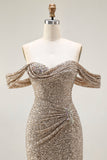 Sparkly Champagne Off the Shoulder Mermaid Sequins Long Prom Dress with Slit