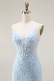 Blue Mermaid Spaghetti Straps Corset Lace Beaded Long Prom Dress with Slit